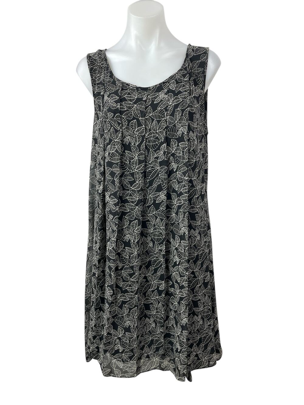 Max Studio Black Leaf Print Pleated Sleeveless Midi A-Line Tank Dress Size L